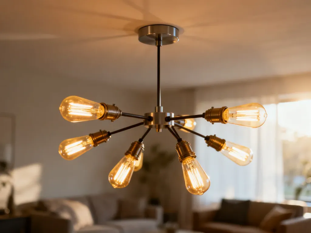 Nowoczesna lampa typu pająk z żarówkami Edisona oświetlająca stylowy salon. Industrialne oświetlenie w ciepłym odcieniu.