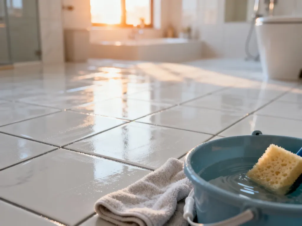 Czyste płytki ceramiczne po usunięciu fugi, obok których znajduje się wiadro z wodą i ściereczka z mikrofibry.