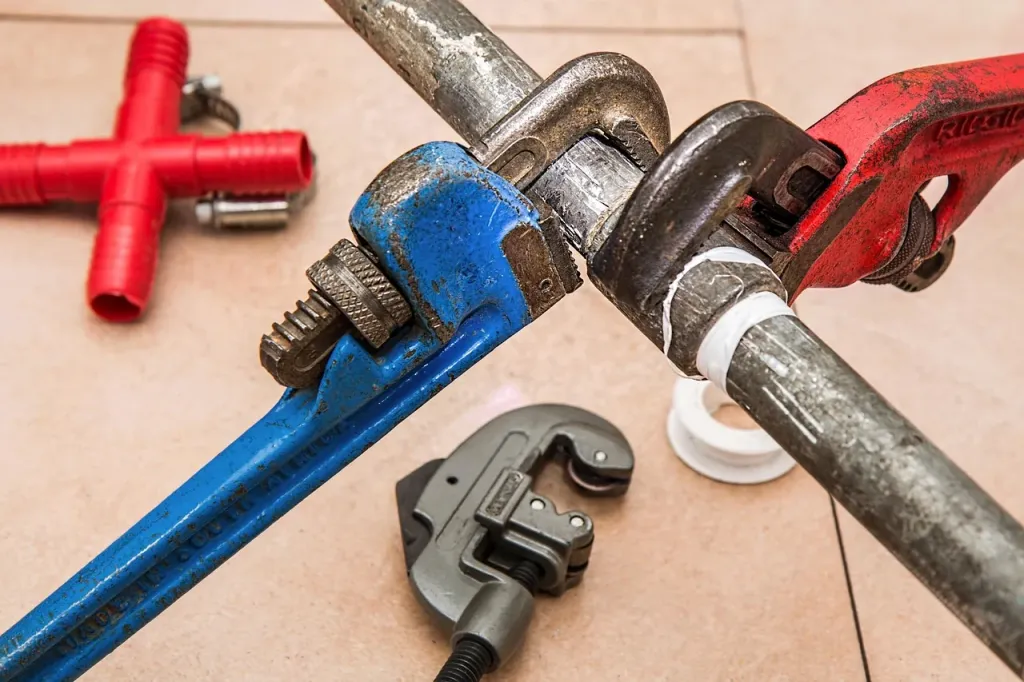 Hydraulik dokręca rury instalacji wodnej podczas remontu pokoju przy użyciu klucza nastawnego.