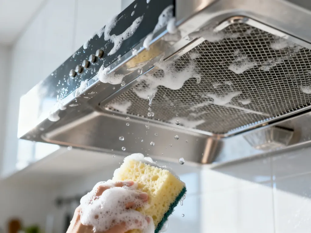 Gąbka z pianą myjącą czyści metalowy filtr okapu kuchennego, usuwając z niego tłuszcz i zabrudzenia.