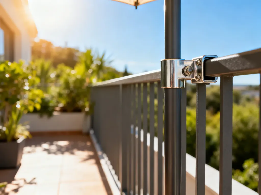 Metalowy uchwyt mocujący parasol do balustrady balkonowej w słoneczny dzień.