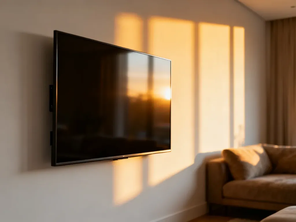 Nowoczesny telewizor zamontowany płasko na minimalistycznej białej ścianie bez widocznego uchwytu w przytulnym salonie.
