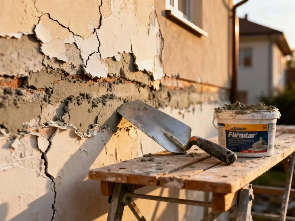 Naprawa odpadającego tynku: zbliżenie na zniszczoną elewację, kielnię oraz zaprawę przygotowaną do prac remontowych.
