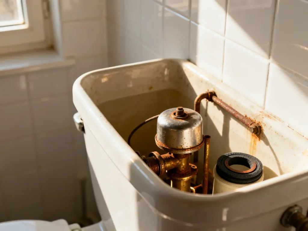 Wnętrze starej spłuczki ceramicznej z widocznym mechanizmem pływakowym, zardzewiałymi elementami i zużytymi uszczelkami.
